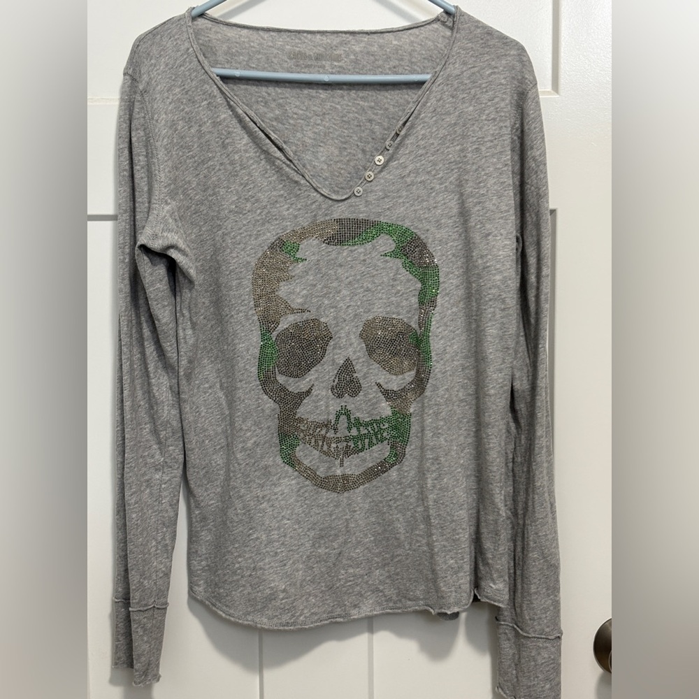 Zadig and Voltaire Crystal Skull Graphic Long Sleeve Top